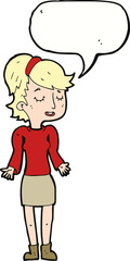 cartoon woman shrugging shoulders with speech bubble