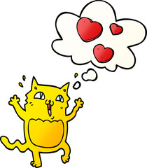 cartoon cat crazy in love and thought bubble in smooth gradient style