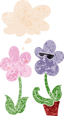 cute cartoon flower and thought bubble in retro textured style
