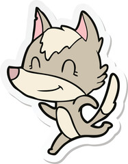 sticker of a friendly cartoon wolf running
