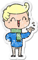 distressed sticker of a cartoon laughing boy