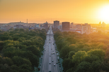 Aerial view of Bundesstrasse 2 highway and Tiergarten Park at sunset - Berlin, Germany