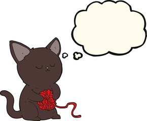 cartoon cute black cat playing with ball of yarn with thought bubble