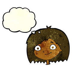cartoon happy female face with thought bubble