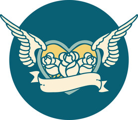 tattoo style icon of a flying heart with flowers and banner