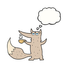 thought bubble cartoon wolf with coffee cup