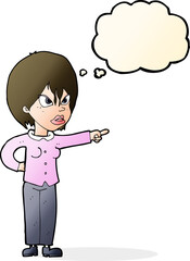 cartoon woman accusing with thought bubble