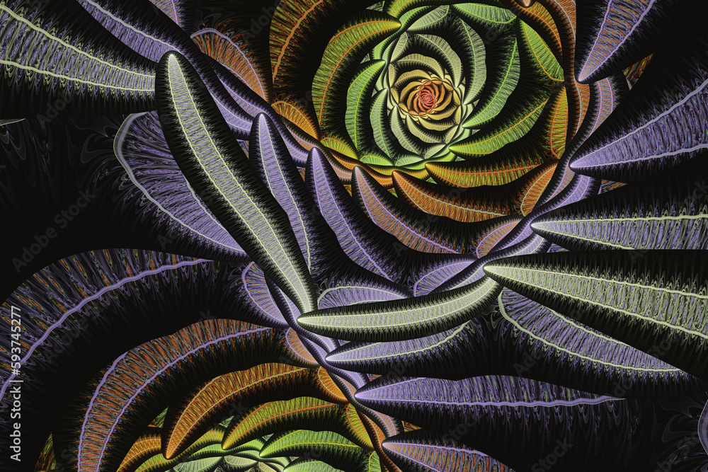 Poster multicolored swirling pattern of crooked ribbons on a black background. abstract fractal 3d renderin