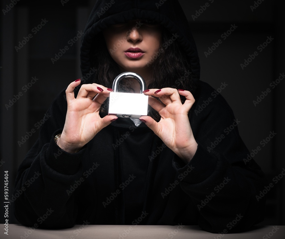 Poster female hacker hacking security firewall late in office