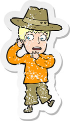 retro distressed sticker of a cartoon scared boy in hat