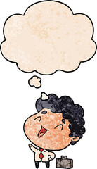 cartoon businessman and thought bubble in grunge texture pattern style