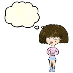 cartoon sly woman with thought bubble