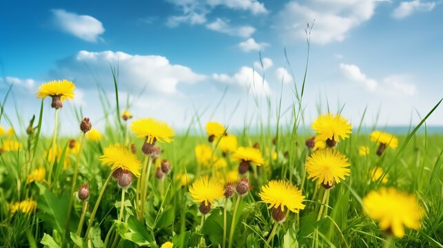 Fresh Grass with Yellow Dandelions Close-up