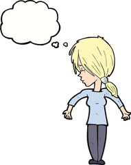 cartoon woman shrugging shoulders with thought bubble