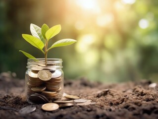 Investment concept, Coins in the glass with tree growing out of it.