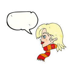 speech bubble textured cartoon woman wearing scarf