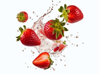 Strawberries falling into water with splash, isolated on white background
