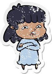distressed sticker of a cartoon worried woman