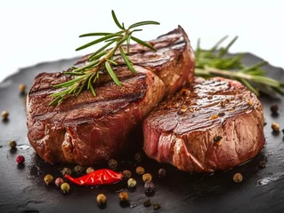 Poster Grilled steak with rosemary and spices on a white background © Medard