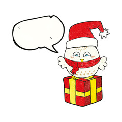 speech bubble textured cartoon cute christmas owl on gift