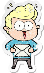 distressed sticker of a cartoon man with envelope