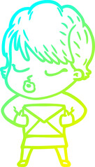 cold gradient line drawing cartoon woman with eyes shut