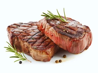  Grilled beef steak with rosemary and pepper on a white background © Medard