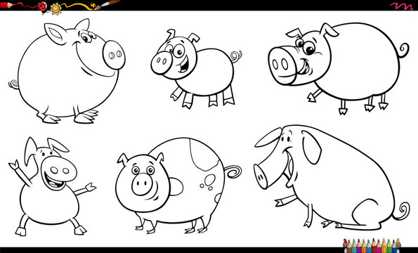 funny cartoon pigs farm animal characters set coloring page