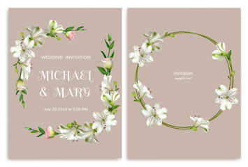 Beautiful white and pink flowers. Floral background. Wedding invitation. Lilies. Eustoma. Lisianthus. Green leaves. Roses. Bouquet. Wreath. Postcard.