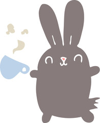 cute flat color style cartoon rabbit with coffee cup