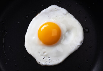 Fried egg in a frying pan. Simple breakfast. Close up.