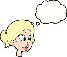 cartoon friendly woman with thought bubble