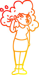 warm gradient line drawing cartoon girl playing with hair