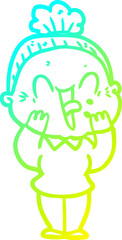 cold gradient line drawing cartoon happy old woman