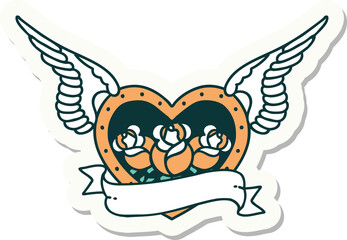 tattoo style sticker of a flying heart with flowers and banner