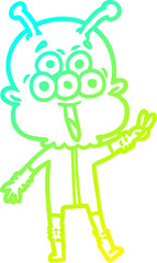 cold gradient line drawing happy cartoon alien waving peace gesture