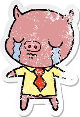 distressed sticker of a cartoon pig crying wearing shirt and tie