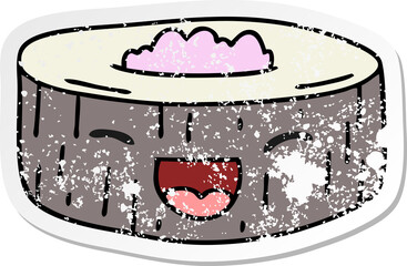 distressed sticker of a quirky hand drawn cartoon happy sushi