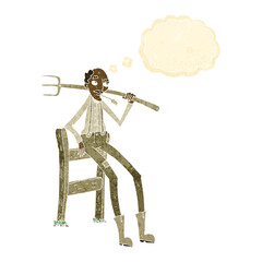 cartoon old farmer leaning on fence with thought bubble