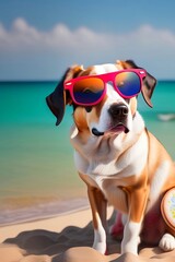 Fototapeta na wymiar Laid-Back Pooch in Sunglasses - Soaking Up the Sun on a Solo Beach Day