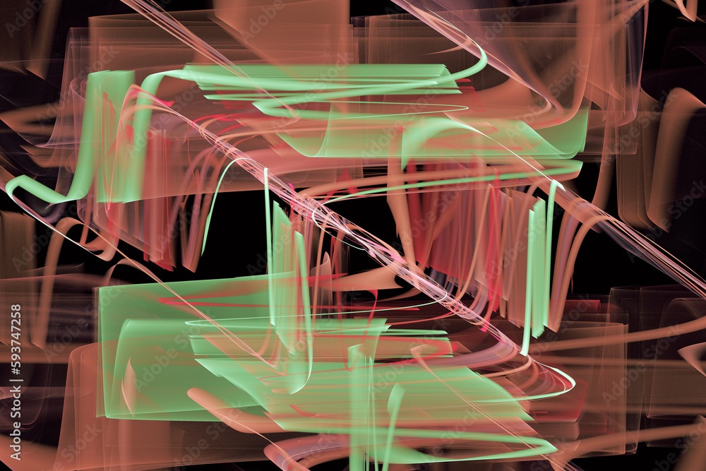 Aufkleber green red pattern of crooked waves on a black background. abstract fractal 3d rendering