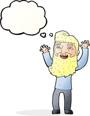 cartoon happy bearded man waving arms with thought bubble