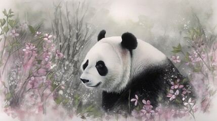 Fototapeta na wymiar Serene Panda in Garden Watercolor