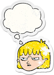 cartoon angry woman and thought bubble as a distressed worn sticker