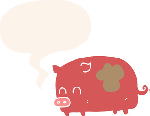 cute cartoon pig and speech bubble in retro style