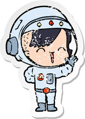 Obraz premium distressed sticker of a cartoon happy astronaut girl waving