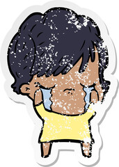 distressed sticker of a cartoon woman crying