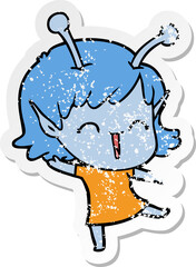 distressed sticker of a cartoon alien girl laughing