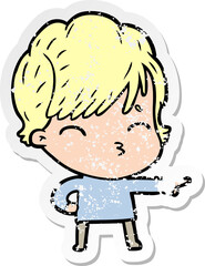 distressed sticker of a cartoon woman thinking