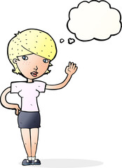 cartoon woman waving with thought bubble